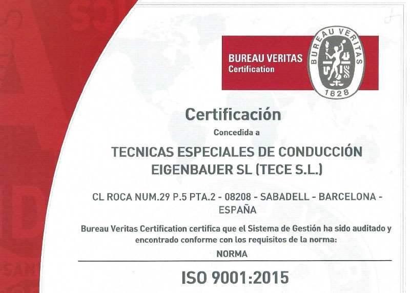 Certificación ISO 9001:2015 a TECE